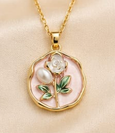 Gold Blush Pink Enamel Rose & Pearl Coin Pendant Necklace