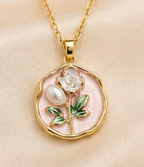Gold Blush Pink Enamel Rose & Pearl Coin Pendant Necklace