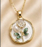 Gold White Enamel Rose & Pearl Coin Pendant Necklace