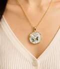 Gold White Enamel Rose & Pearl Coin Pendant Necklace