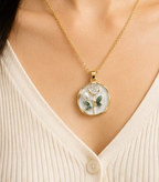 Gold White Enamel Rose & Pearl Coin Pendant Necklace