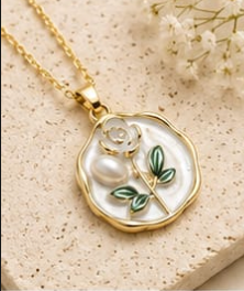 Gold White Enamel Rose & Pearl Coin Pendant Necklace