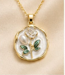 Gold White Enamel Rose & Pearl Coin Pendant Necklace