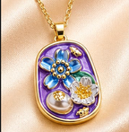 Gold Purple Enamel Floral Garden & Pearl Pendant Necklace