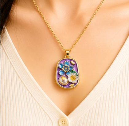 Gold Purple Enamel Floral Garden & Pearl Pendant Necklace