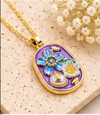 Gold Purple Enamel Floral Garden & Pearl Pendant Necklace