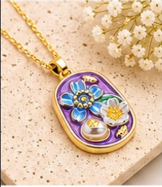 Gold Purple Enamel Floral Garden & Pearl Pendant Necklace