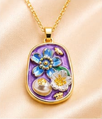 Gold Purple Enamel Floral Garden & Pearl Pendant Necklace