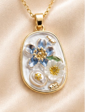 Gold Mother-of-Pearl 3D Floral Garden Blue & White Pendant Necklace