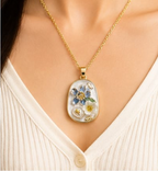 Gold Mother-of-Pearl 3D Floral Garden Blue & White Pendant Necklace