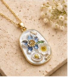 Gold Mother-of-Pearl 3D Floral Garden Blue & White Pendant Necklace