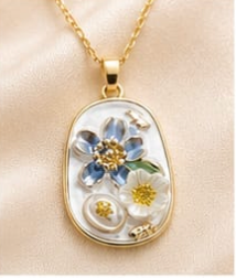 Gold Mother-of-Pearl 3D Floral Garden Blue & White Pendant Necklace