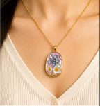 Gold Blush Pink Enamel 3D Floral Garden Blue & Pink Pendant Necklace