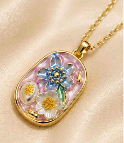 Gold Blush Pink Enamel 3D Floral Garden Blue & Pink Pendant Necklace