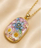 Gold Blush Pink Enamel 3D Floral Garden Blue & Pink Pendant Necklace