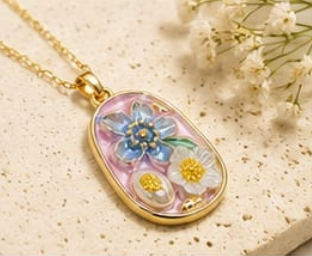 Gold Blush Pink Enamel 3D Floral Garden Blue & Pink Pendant Necklace