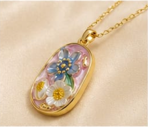 Gold Blush Pink Enamel 3D Floral Garden Blue & Pink Pendant Necklace