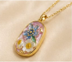 Gold Blush Pink Enamel 3D Floral Garden Blue & Pink Pendant Necklace