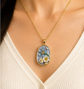 Gold Dusty Blue Enamel 3D Floral Garden Blue & White Pendant Necklace