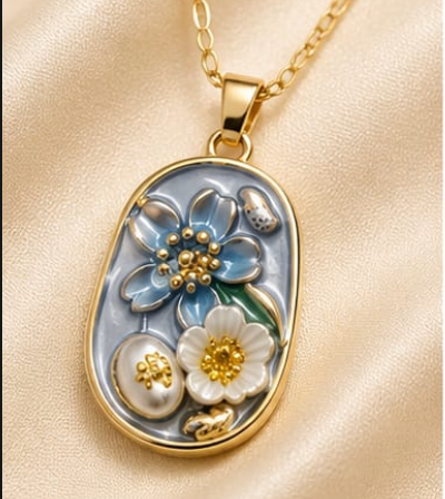 Gold Dusty Blue Enamel 3D Floral Garden Blue & White Pendant Necklace