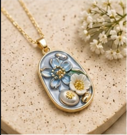 Gold Dusty Blue Enamel 3D Floral Garden Blue & White Pendant Necklace