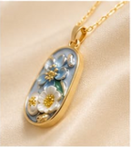 Gold Dusty Blue Enamel 3D Floral Garden Blue & White Pendant Necklace