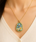 Gold Sage Green Enamel 3D Floral Garden Blue & White Pendant Necklace