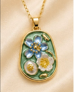 Gold Sage Green Enamel 3D Floral Garden Blue & White Pendant Necklace