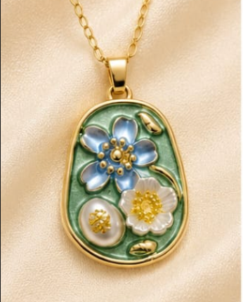 Gold Sage Green Enamel 3D Floral Garden Blue & White Pendant Necklace
