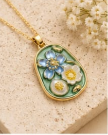 Gold Sage Green Enamel 3D Floral Garden Blue & White Pendant Necklace