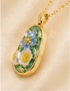 Gold Sage Green Enamel 3D Floral Garden Blue & White Pendant Necklace