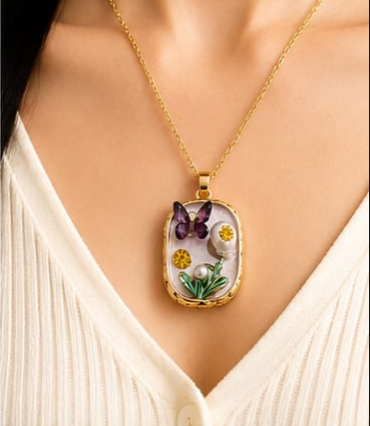 Gold 3D Butterfly Garden Pearl & Crystal Terrarium Pendant Necklace