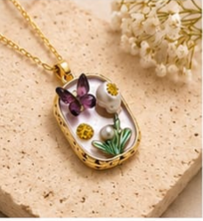 Gold 3D Butterfly Garden Pearl & Crystal Terrarium Pendant Necklace