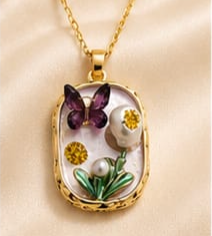 Gold 3D Butterfly Garden Pearl & Crystal Terrarium Pendant Necklace