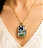 Gold 3D Butterfly Garden Pearl & Crystal Terrarium Locket Pendant Necklace