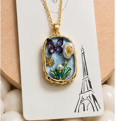 Gold 3D Butterfly Garden Pearl & Crystal Terrarium Locket Pendant Necklace