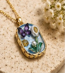 Gold 3D Butterfly Garden Pearl & Crystal Terrarium Locket Pendant Necklace