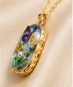 Gold 3D Butterfly Garden Pearl & Crystal Terrarium Locket Pendant Necklace