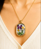 Gold 3D Butterfly Garden Pearl & Citrine Crystal Terrarium Oval Locket Necklace