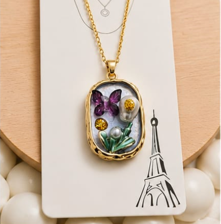 Gold 3D Butterfly Garden Pearl & Citrine Crystal Terrarium Oval Locket Necklace