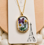 Gold 3D Butterfly Garden Pearl & Citrine Crystal Terrarium Oval Locket Necklace