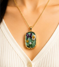 Gold 3D Butterfly Garden Sage Green Terrarium Oval Locket Necklace
