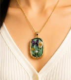 Gold 3D Butterfly Garden Sage Green Terrarium Oval Locket Necklace