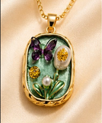 Gold 3D Butterfly Garden Sage Green Terrarium Oval Locket Necklace