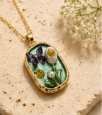 Gold 3D Butterfly Garden Sage Green Terrarium Oval Locket Necklace