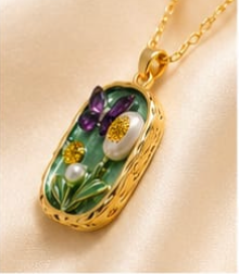 Gold 3D Butterfly Garden Sage Green Terrarium Oval Locket Necklace