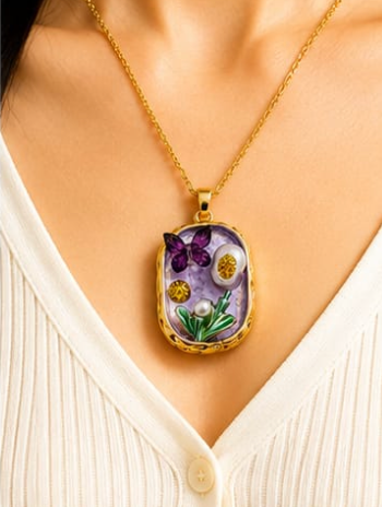 Gold 3D Butterfly Garden Lavender Terrarium Oval Locket Necklace