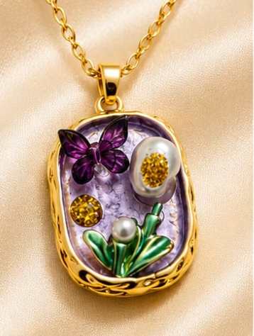 Gold 3D Butterfly Garden Lavender Terrarium Oval Locket Necklace