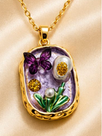 Gold 3D Butterfly Garden Lavender Terrarium Oval Locket Necklace