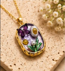 Gold 3D Butterfly Garden Lavender Terrarium Oval Locket Necklace